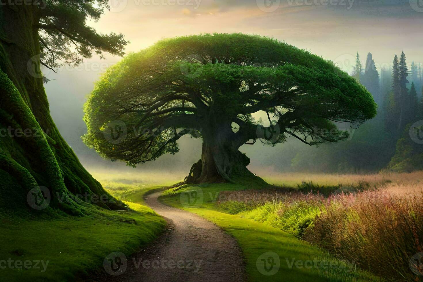 un árbol soportes solo en el medio de un campo. generado por ai foto