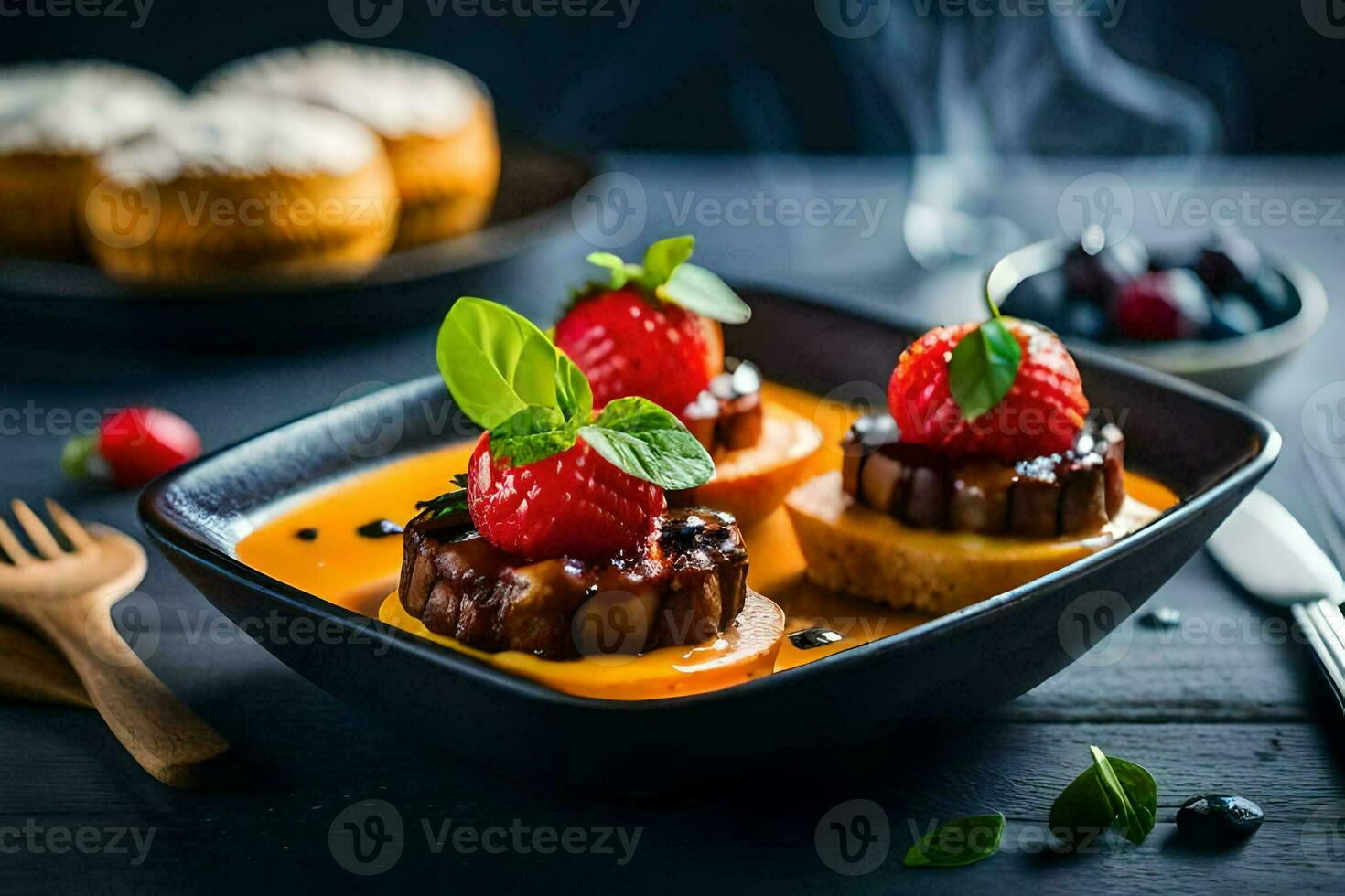 a plate of food with strawberries and a cup of coffee. AI-Generated photo