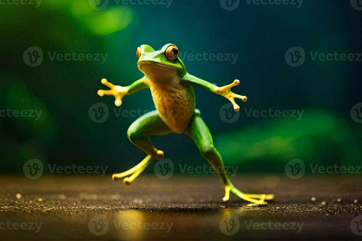a frog is jumping on a wooden floor. AI-Generated photo