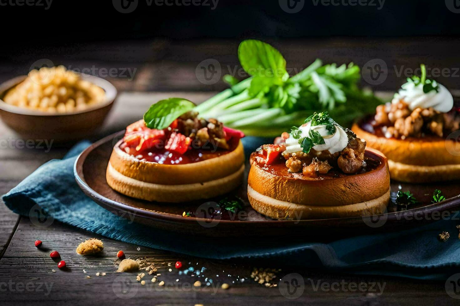 Tres mini rosquillas con coberturas en un de madera mesa. generado por ai foto