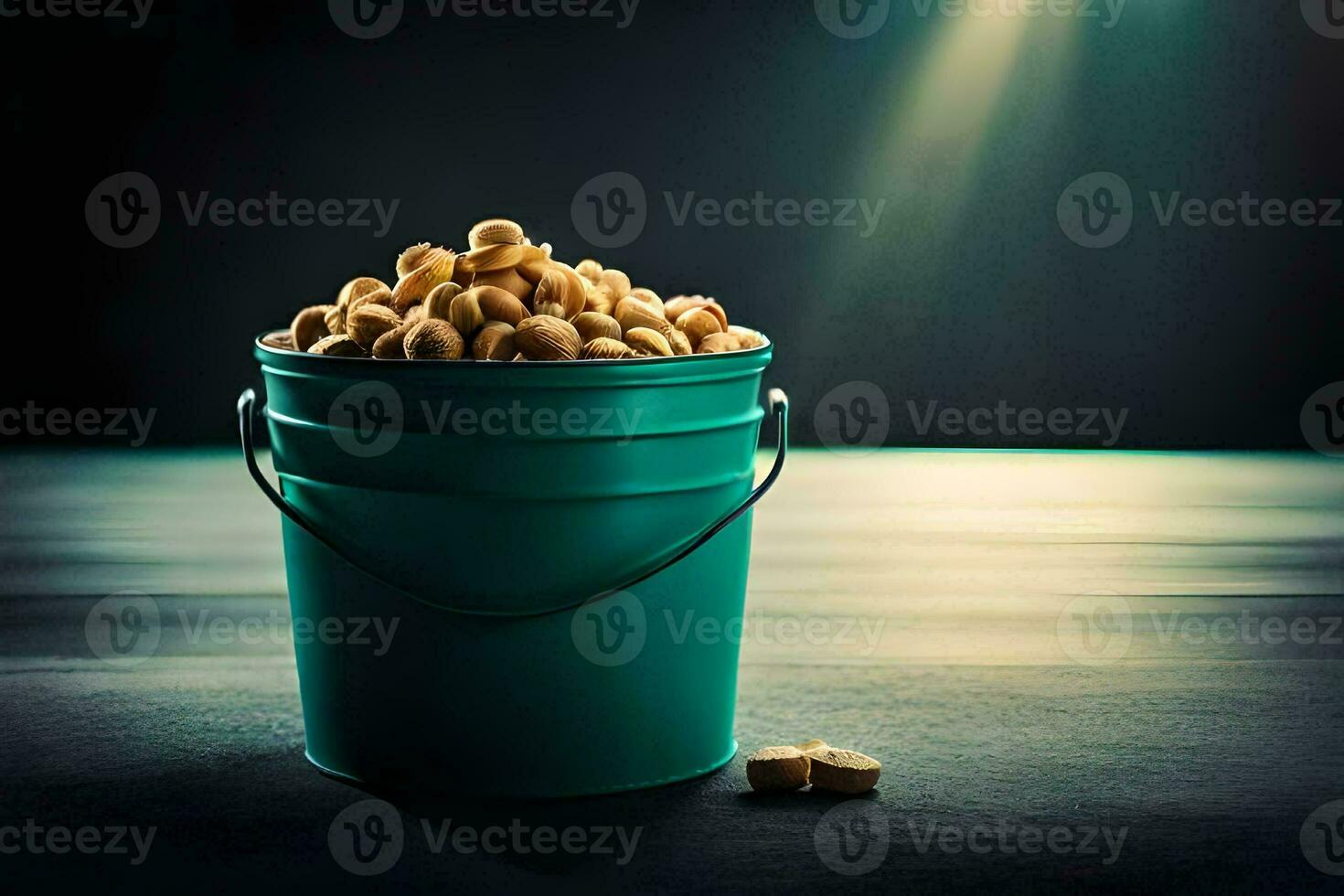a bucket filled with peanuts on a table. AI-Generated photo