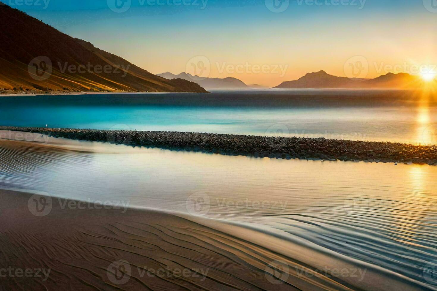 the sun rises over the ocean and mountains in this beautiful photo. AI-Generated photo