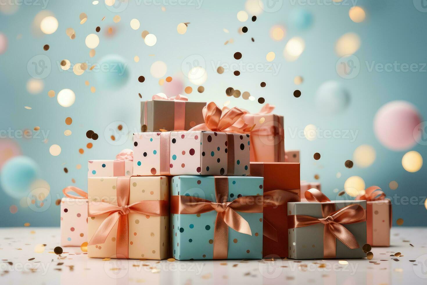 AI generated. Many colorful gift boxes on festive blue background with pastel bubbles. photo