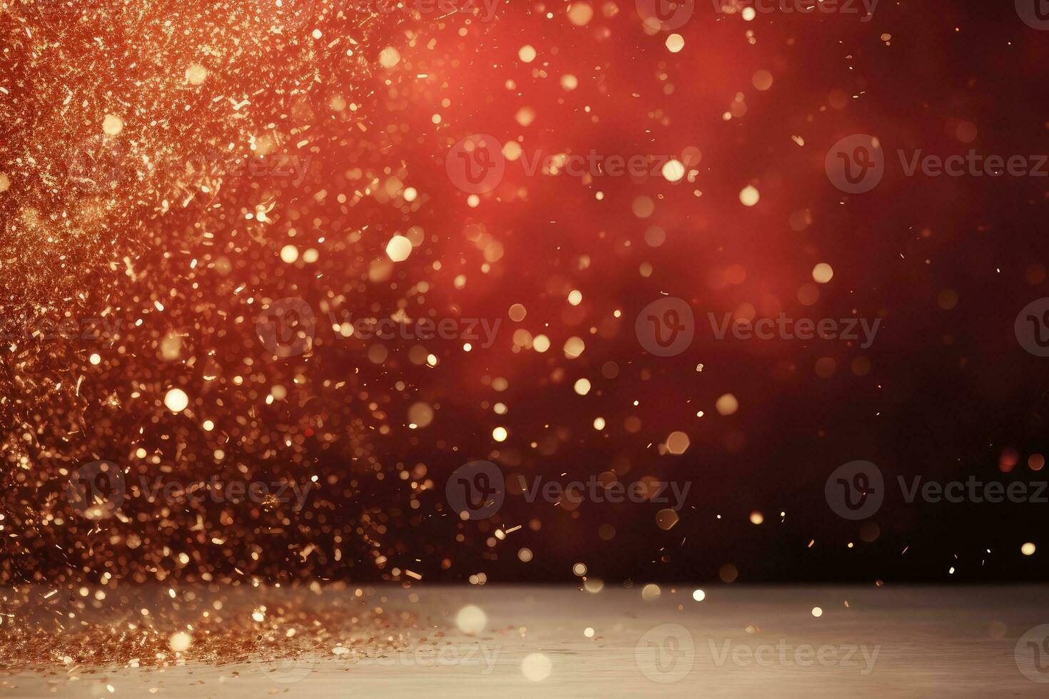 AI generated. Abstract festive red bokeh background of defocused golden sparkle confetti circles on wooden table photo