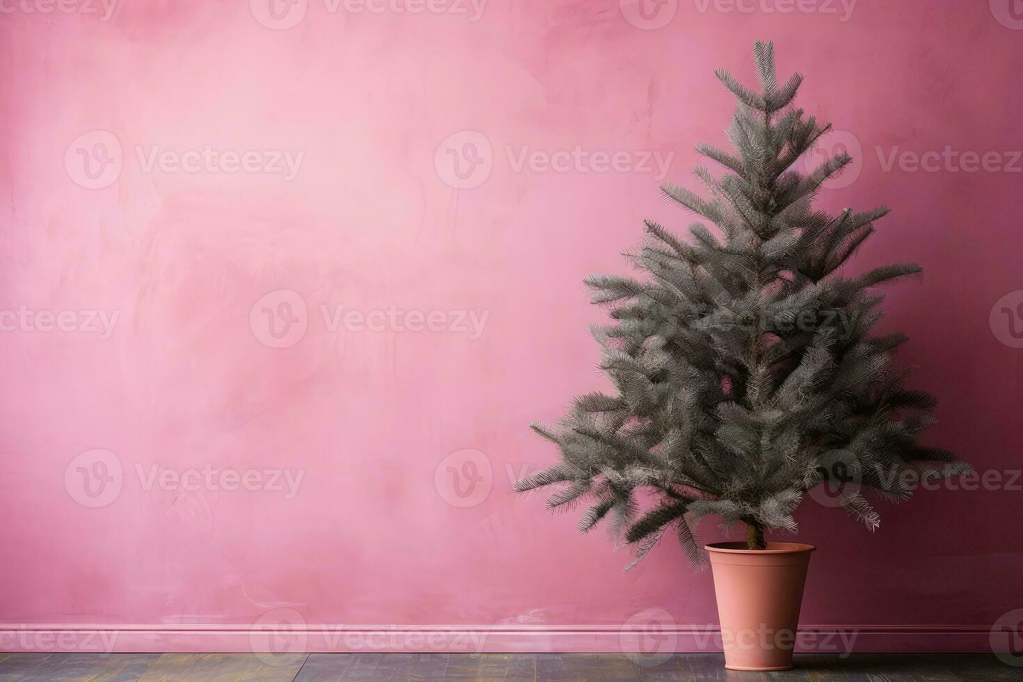 AI generated. Green Christmas Tree on pink wall minimalistic background with copy space. photo