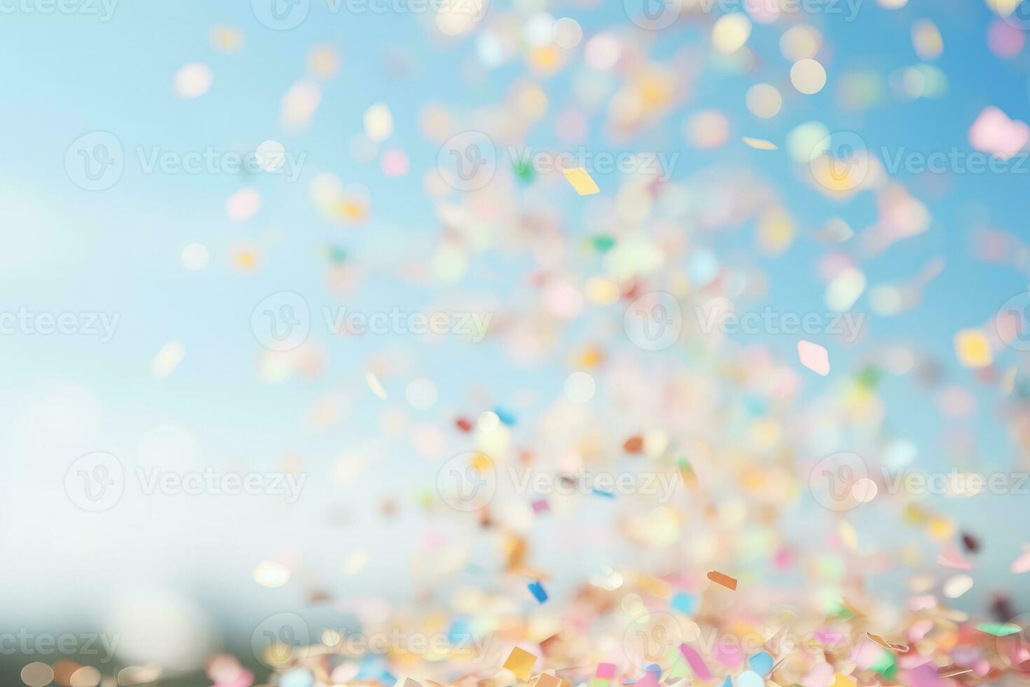 AI generated. Abstract festive light blue background with splash of multicolored pastel sparkle confetti photo