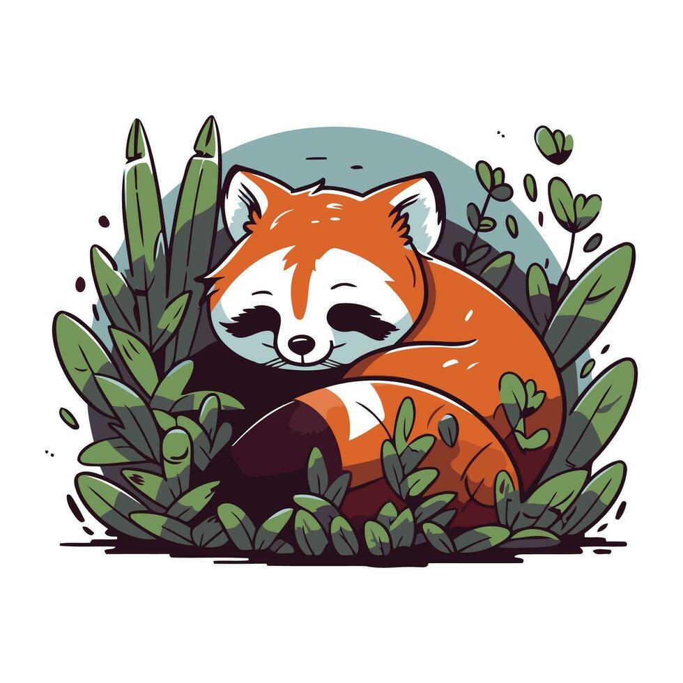 Cute red panda sleeping in the grass. Vector illustration.