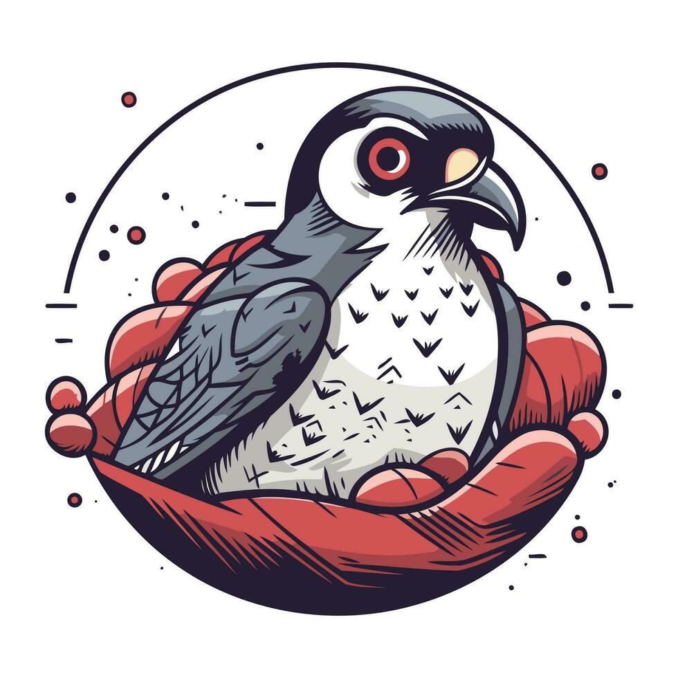 Vector illustration of a bird in the hands of a person. Cartoon style.