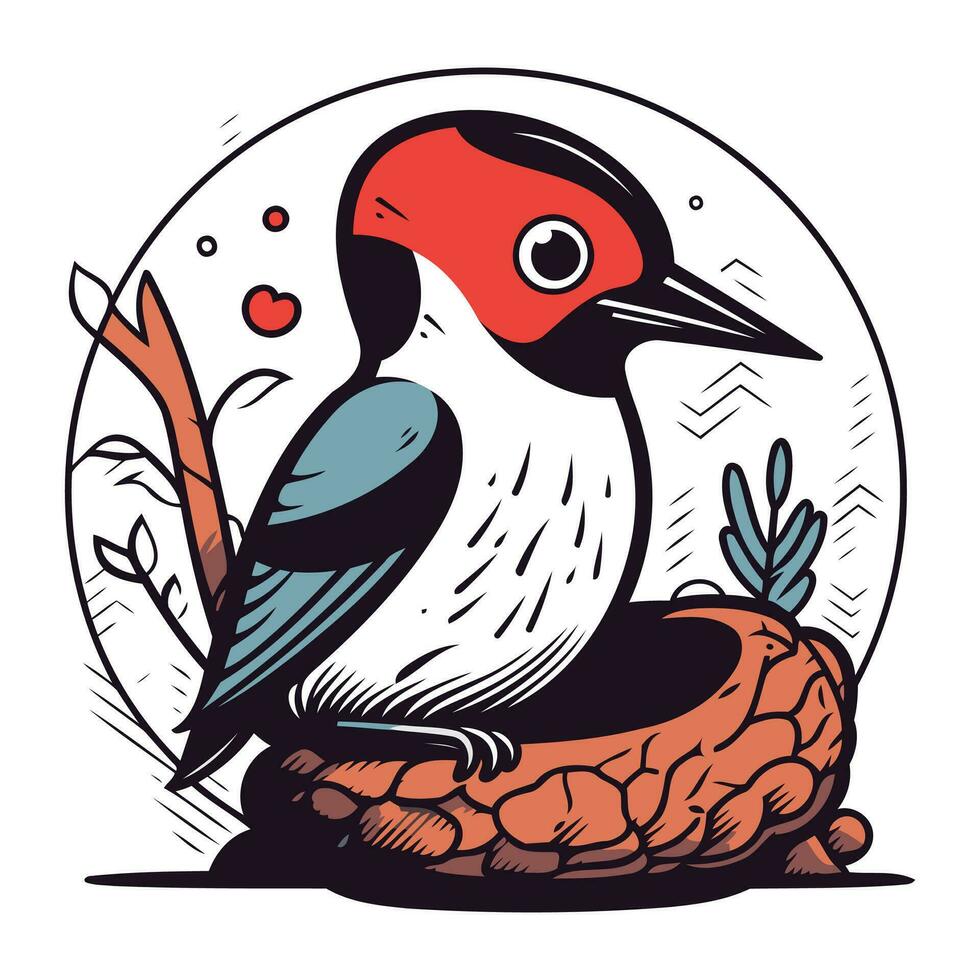 Hand drawn vector illustration of a woodpecker sitting on a nest