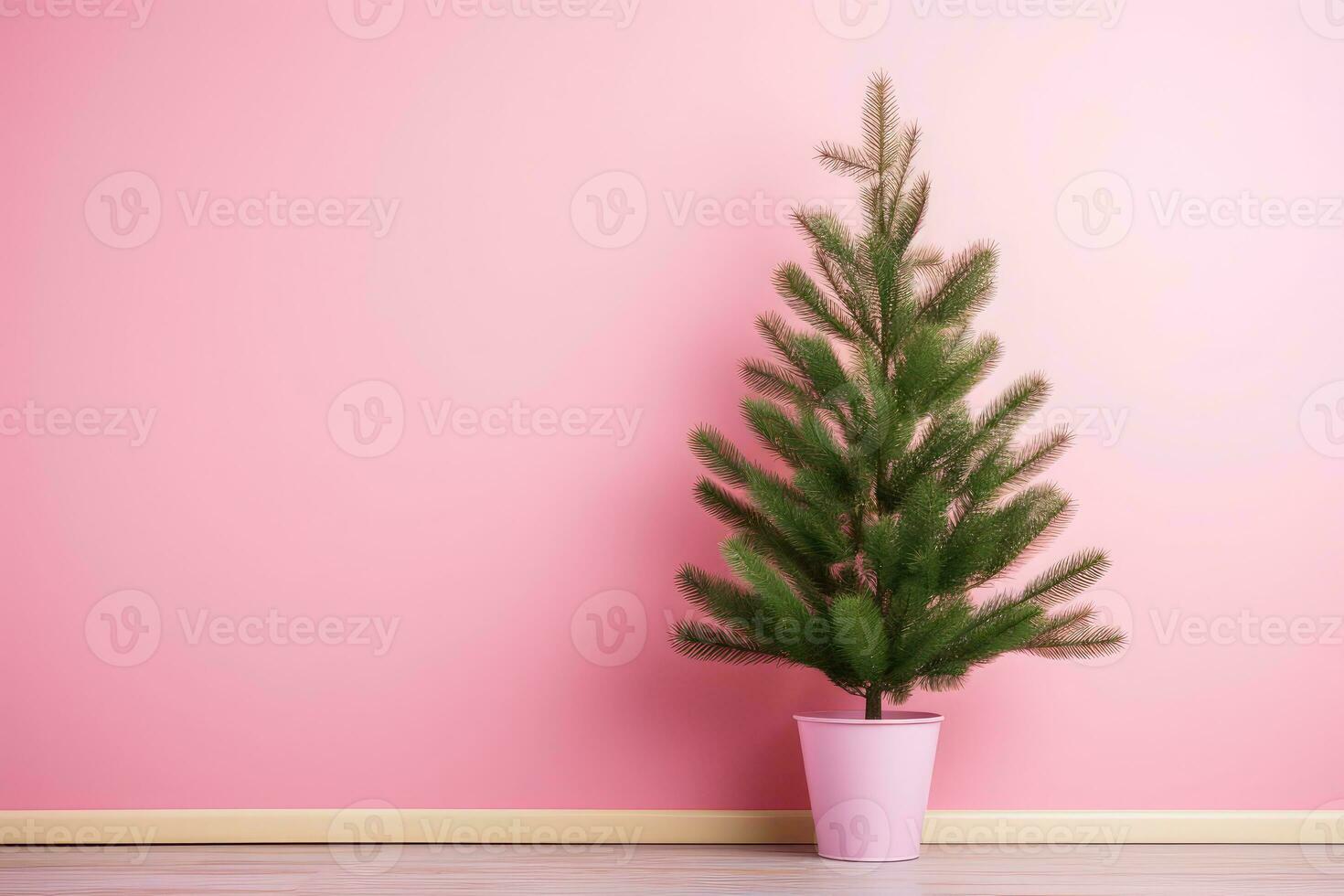 AI generated. Green Christmas Tree on pink wall minimalistic background with copy space. photo