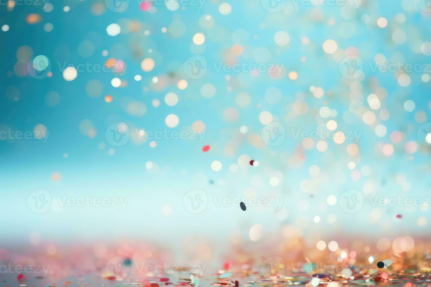AI generated. Abstract festive light blue background with splash of multicolored pastel sparkle confetti photo