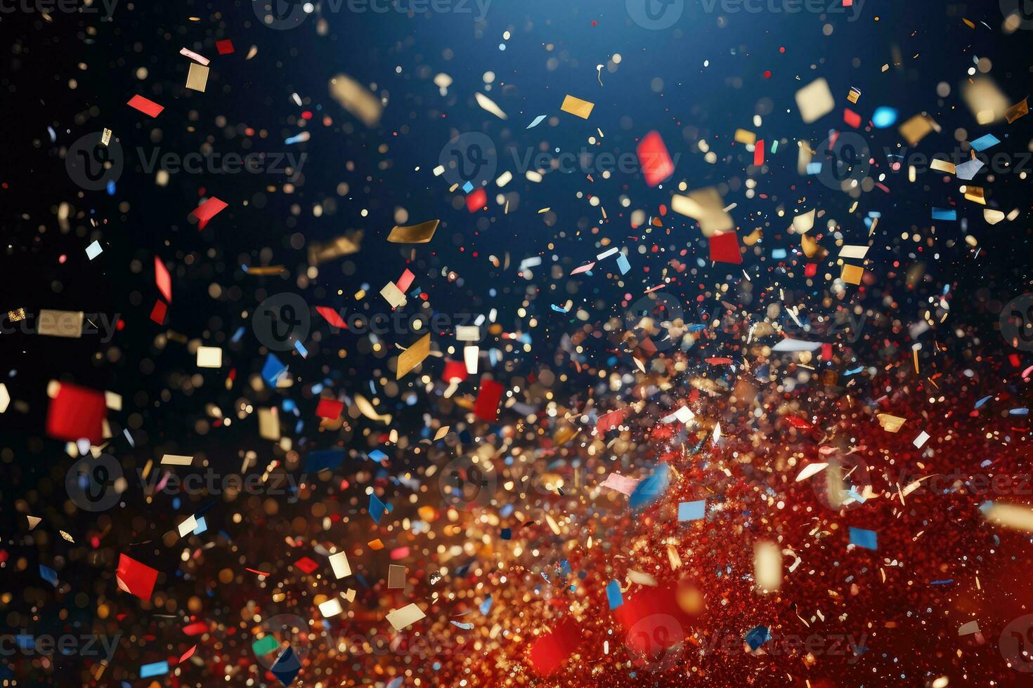 AI generated. Abstract festive blue and red bokeh background of defocused golden sparkle splash of confetti photo