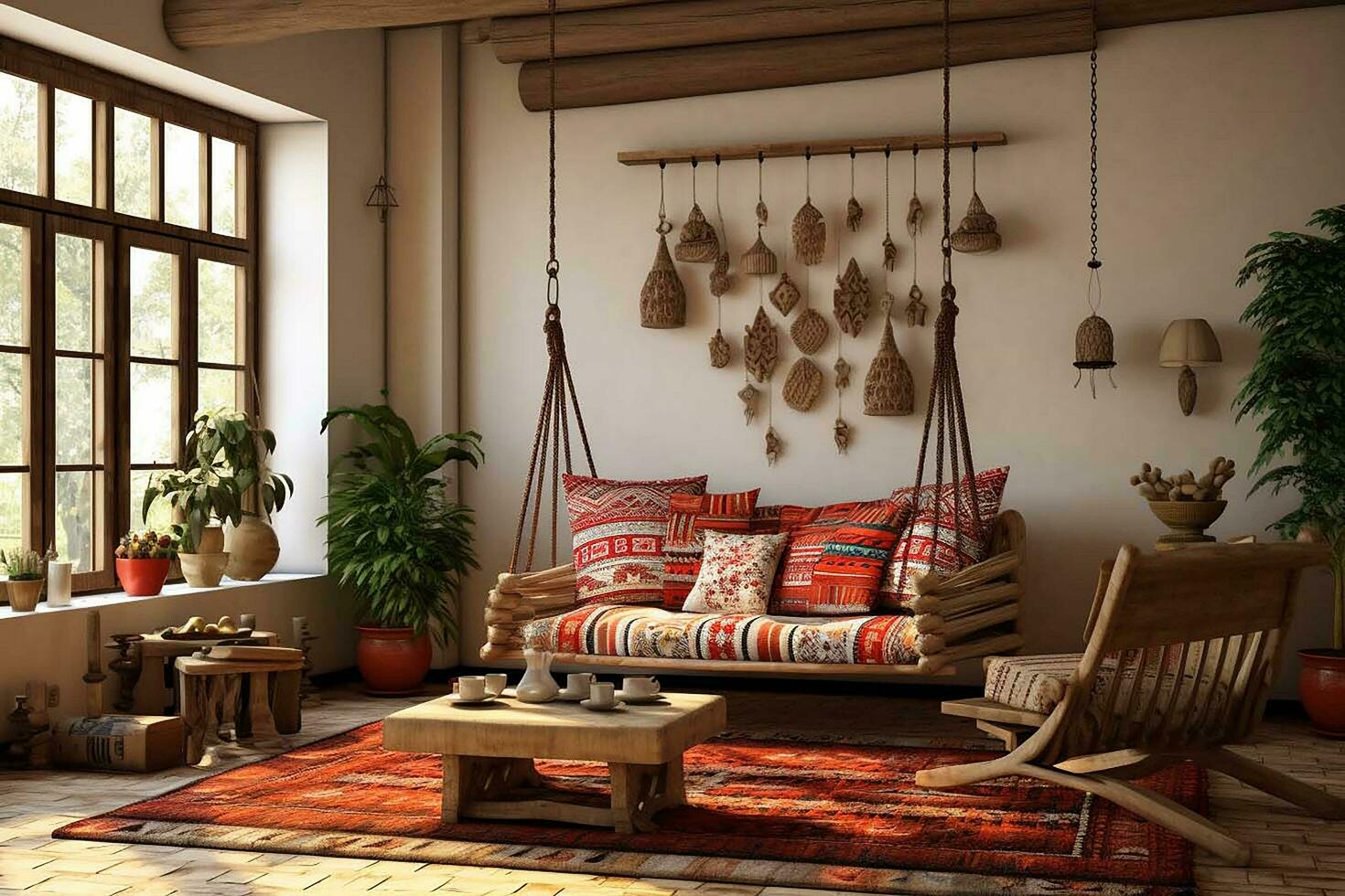 Beautiful ethno-style living room, retro-old living room, different conceptual style, different kind of living room object, interior style photo