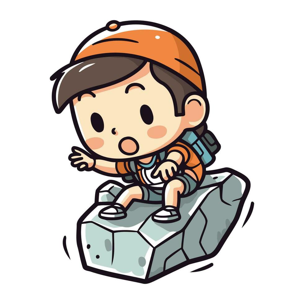 Cute Little Boy Sitting on a Rock. Vector Cartoon Illustration