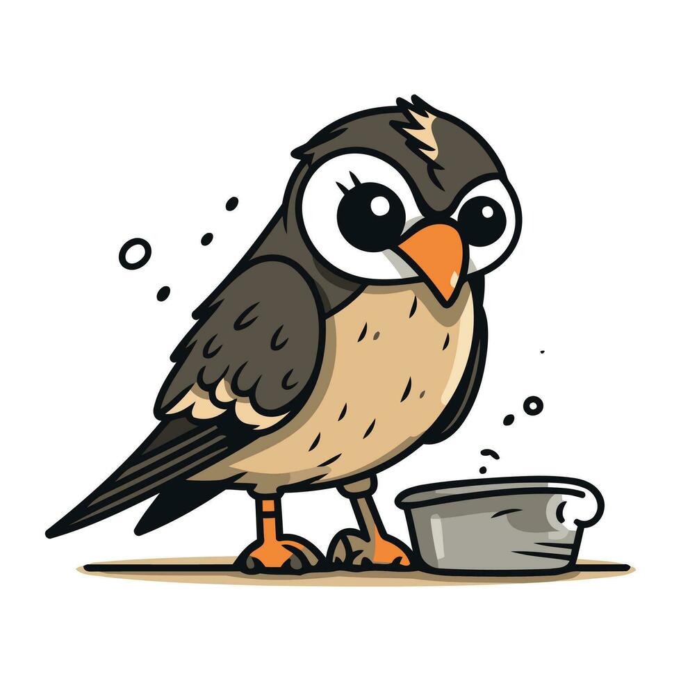 linda dibujos animados pájaro con un cuenco de alimento. vector ilustración.