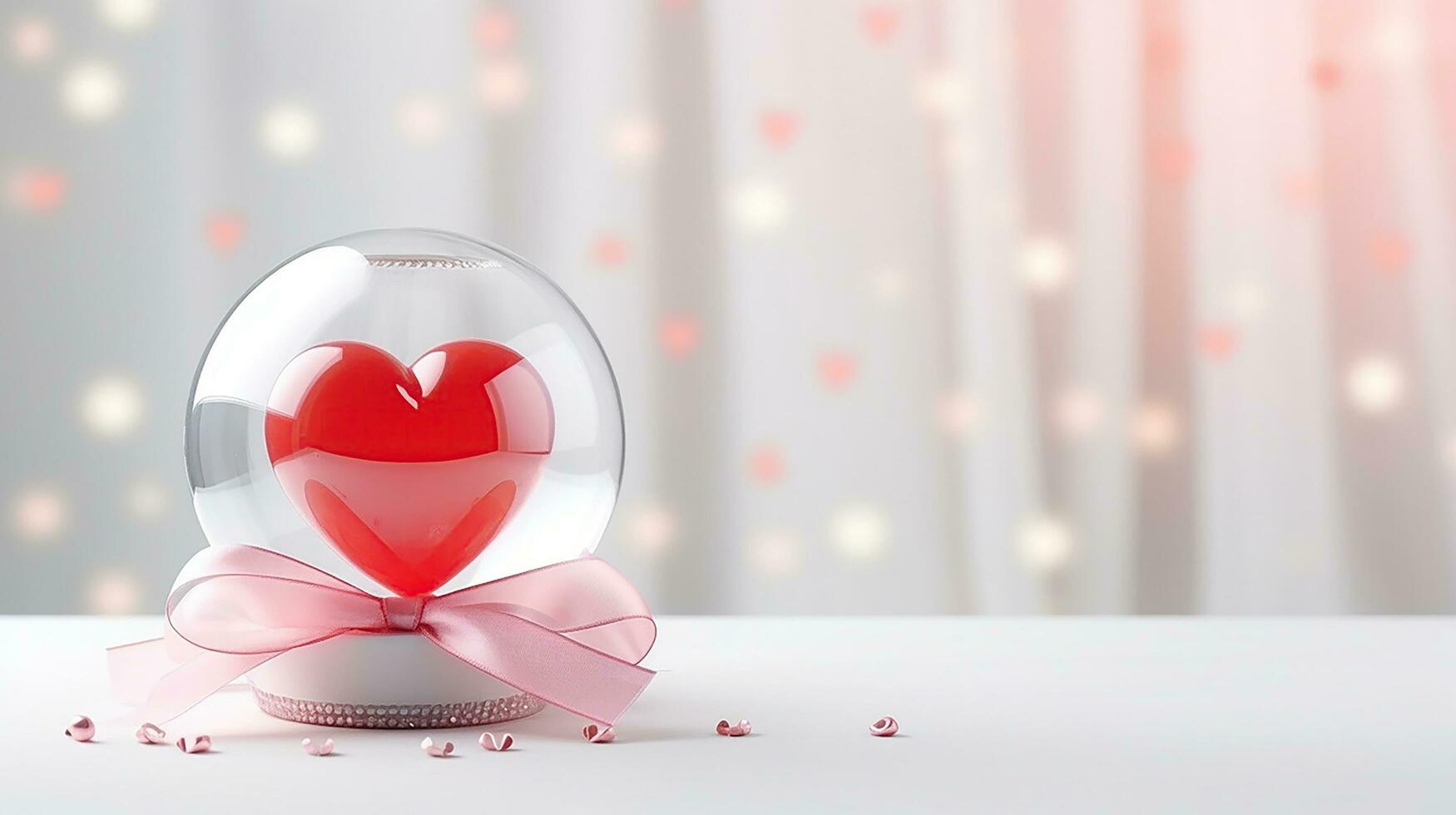 A snow globe Sparkling on a shiny background, love hearts. For Valentine's Day greetings, postcard, poster. free space in the background photo