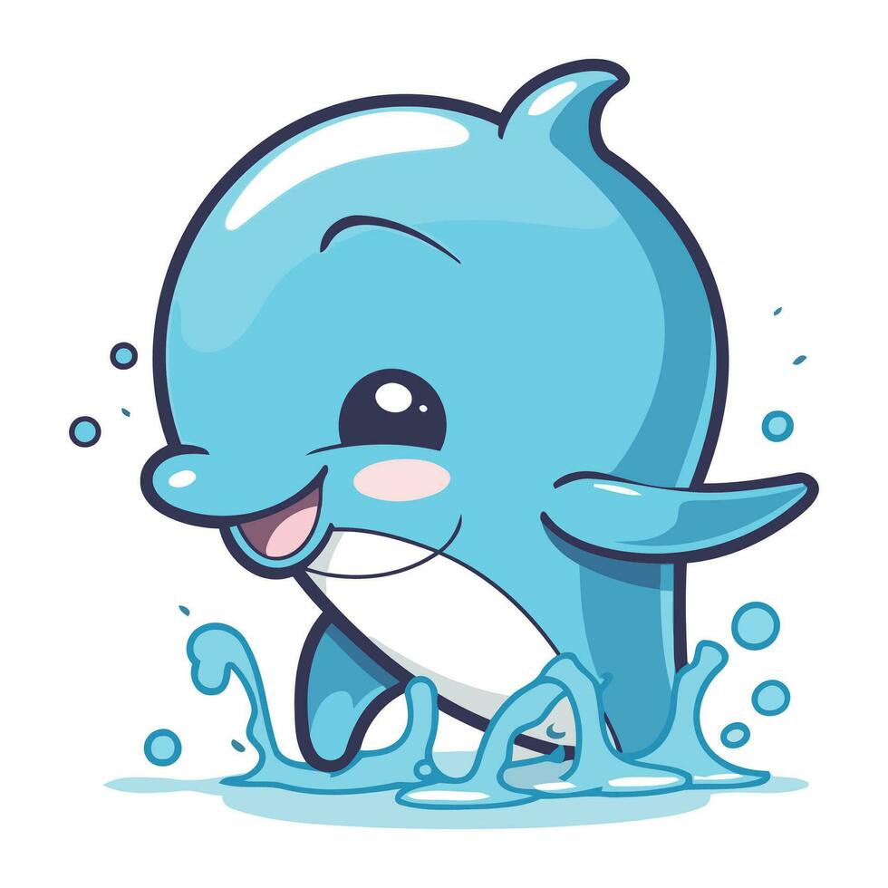 Cute cartoon dolphin with splashes of water. Vector illustration.