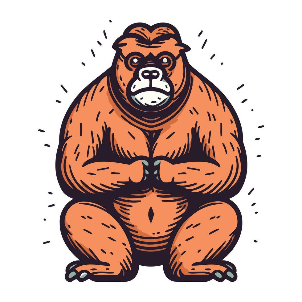 Gorilla sitting. Hand drawn vector illustration in cartoon style.