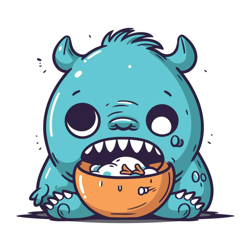 linda dibujos animados monstruo comiendo un cuenco de alimento. vector ilustración.
