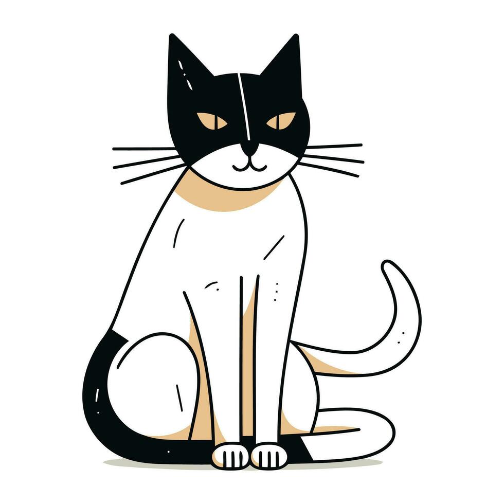 Vector illustration of a black and white cat sitting on a white background.