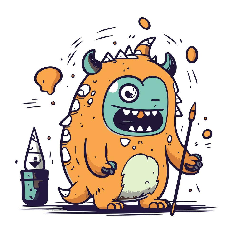 Funny cartoon monster with a brush and a palette. Vector illustration.