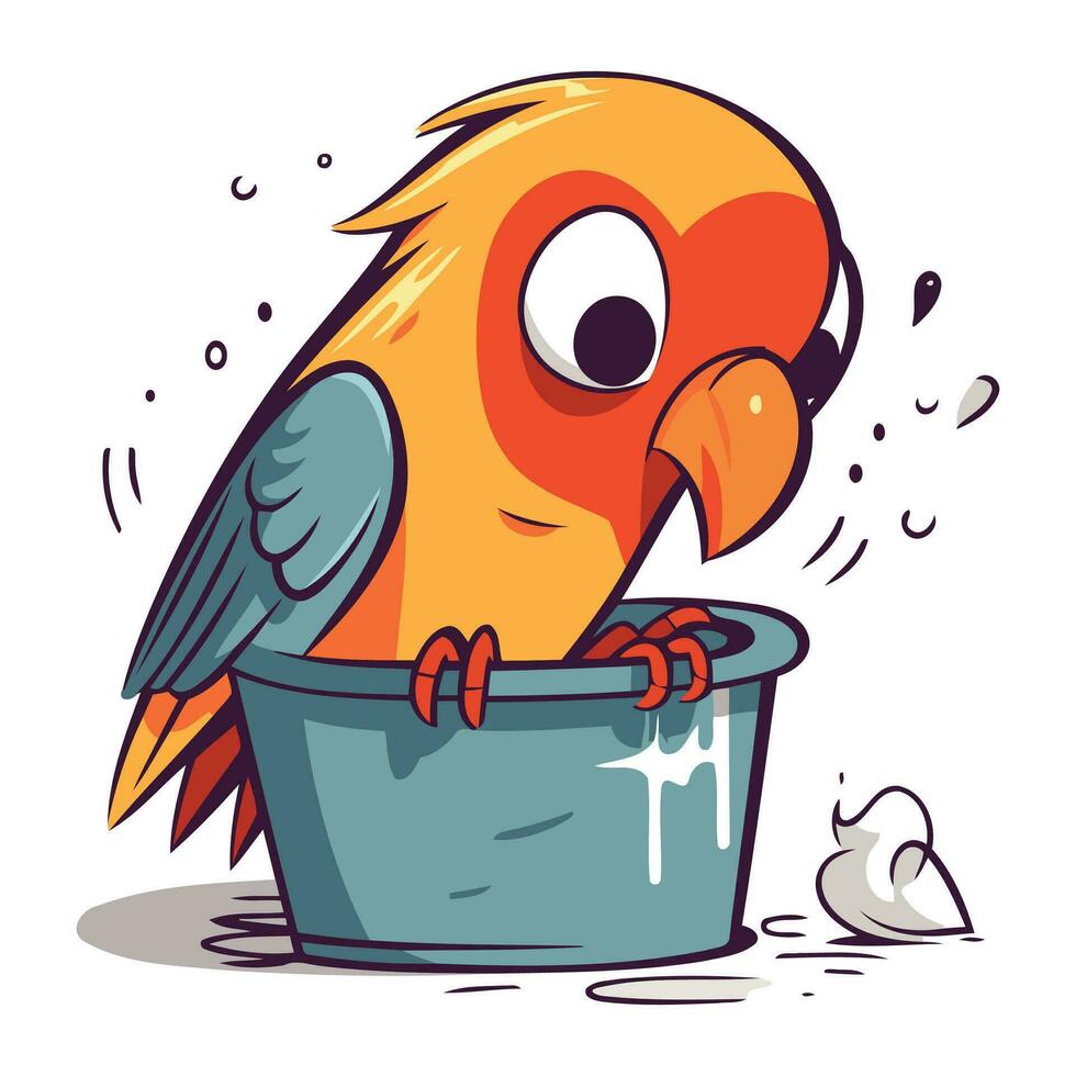 Cartoon parrot sitting on a bucket of water. Vector illustration.