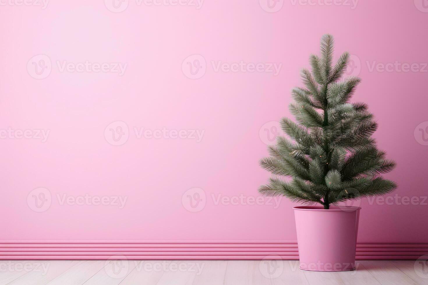 AI generated. Green Christmas Tree on pink wall minimalistic background with copy space. photo