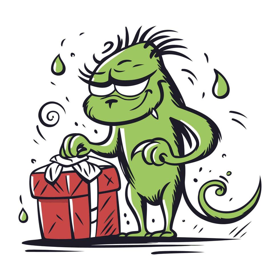 Cartoon green iguana with a gift box. Vector illustration.