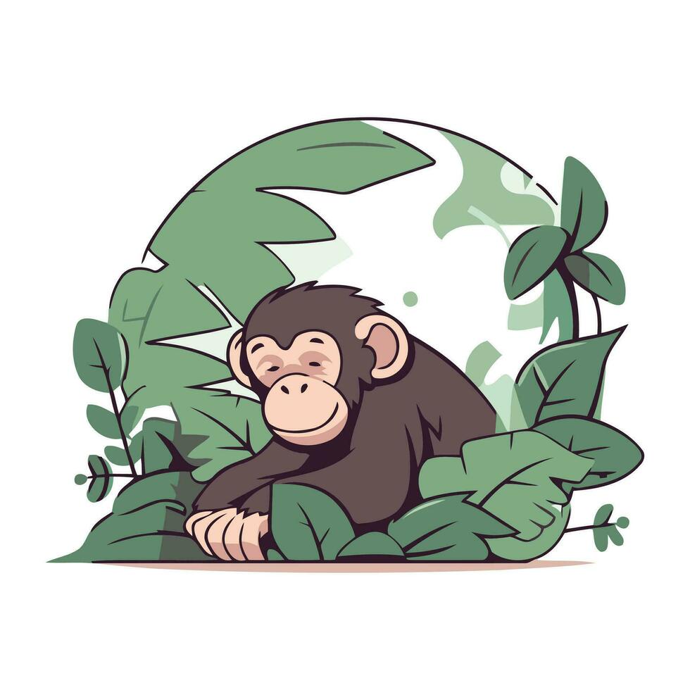 Vector illustration of monkey in jungle. Jungle animal. Cartoon character.