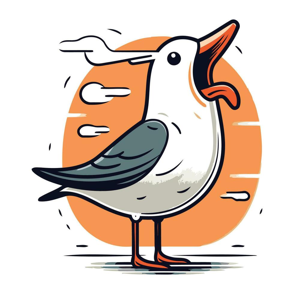 Vector illustration of a seagull flying in the sky. Cartoon style.