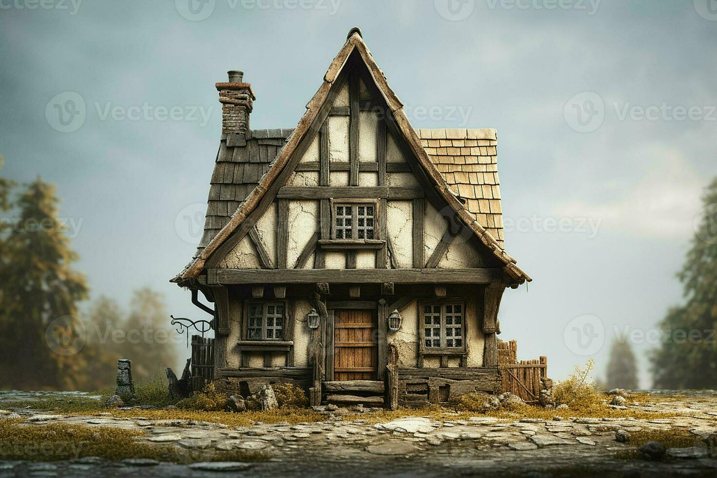 Old wooden cottage with thatched roof in the forest. 3d render. ai generated. Pro photo