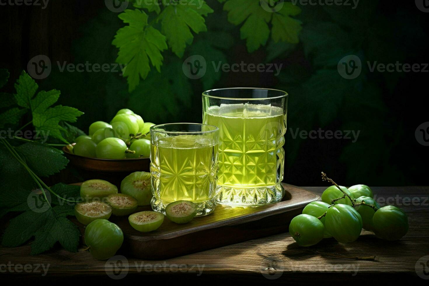 Grape juice in a glass and fresh amla on a wooden table. ai generated. Pro photo