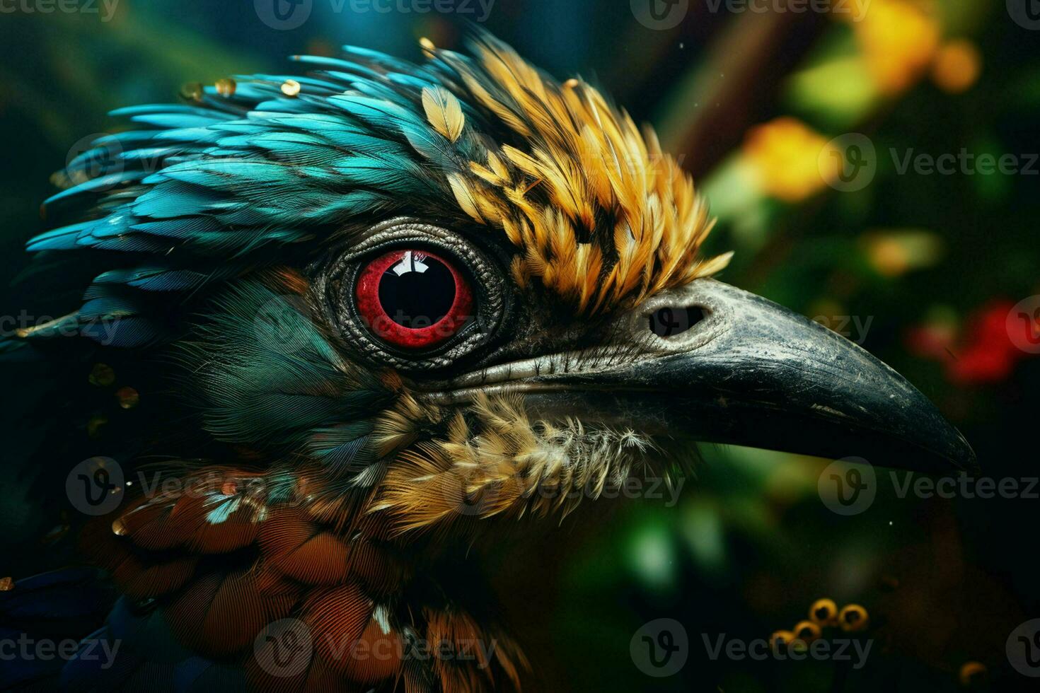 Beautiful exotic blue bird with red flower in the forest. Close up. ai generated. pro photo