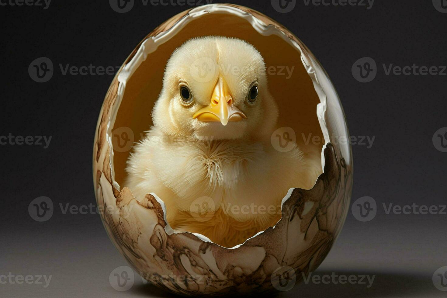 chick in egg shell on a black background. easter concept. ai generated. Pro photo