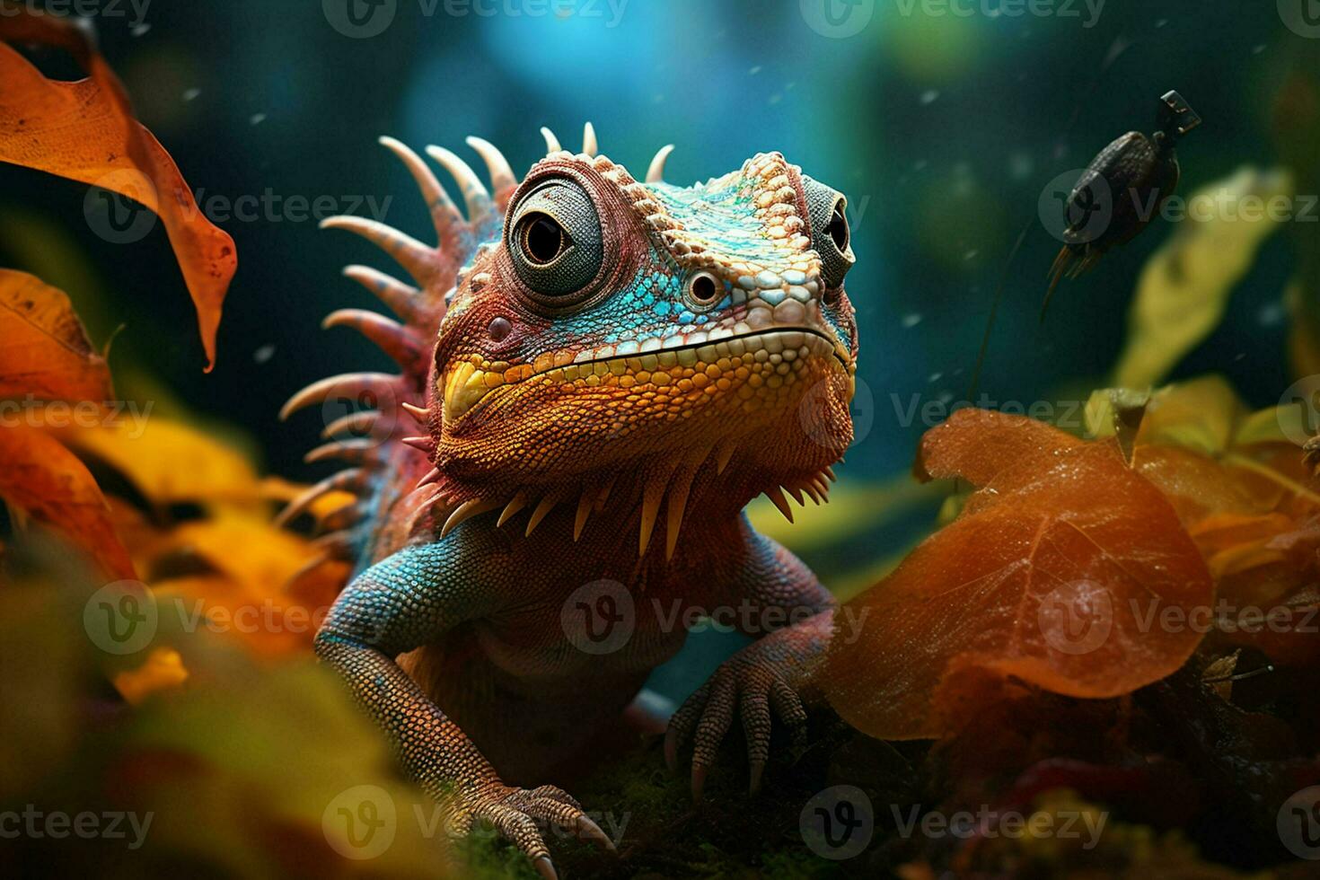 chameleon on the background of autumn leaves, closeup. Ai generatede. pro photo