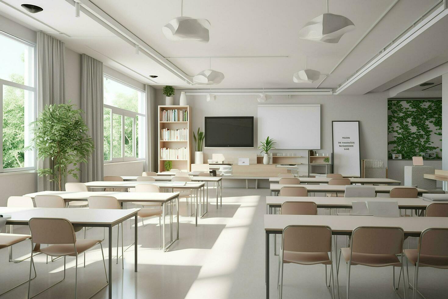 interior de moderno salón de clases con blanco paredes, hormigón piso, filas de verde sillas y vacío pizarron. 3d representación. ai generado. Pro foto