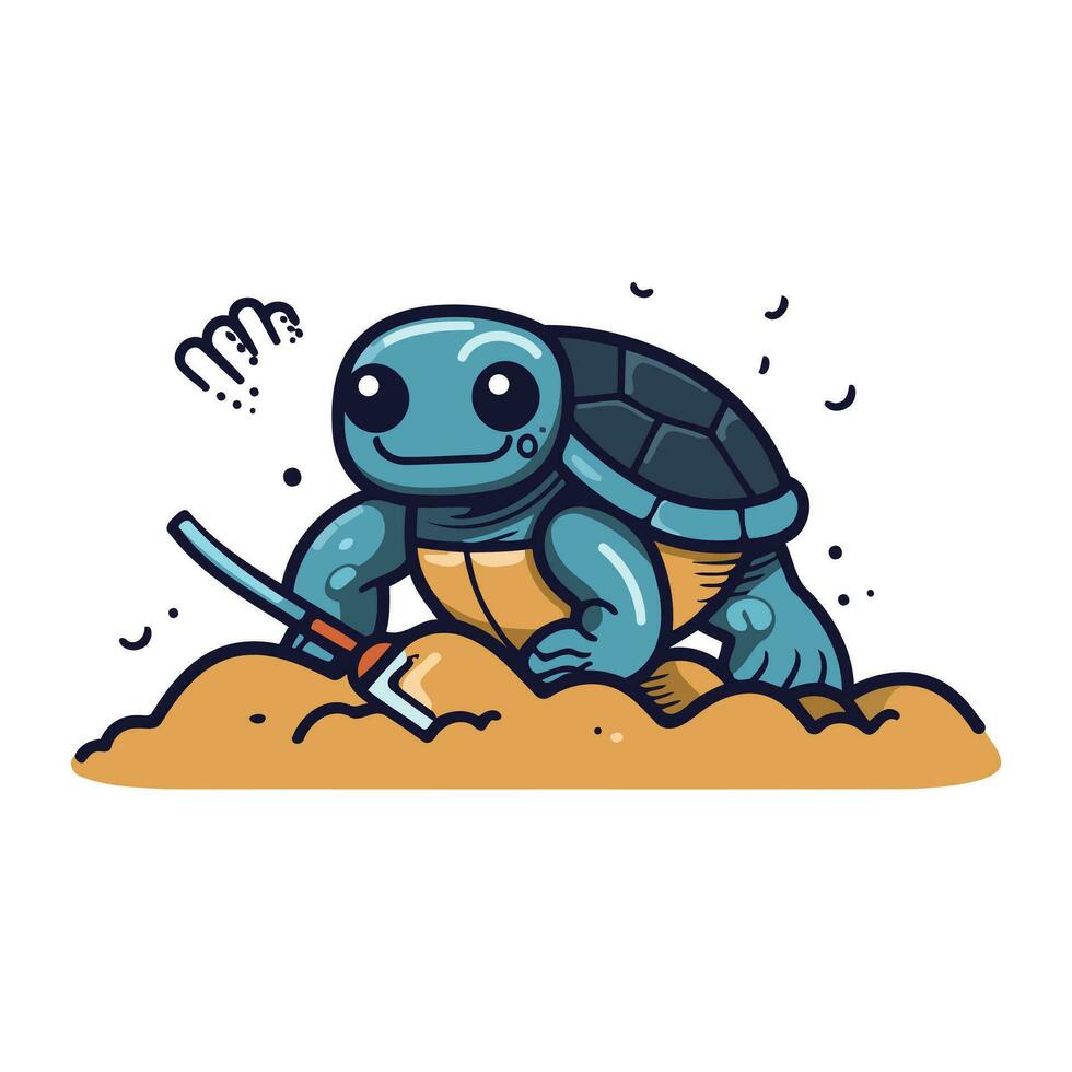 Tortuga excavación un agujero en el suelo. vector ilustración en dibujos animados estilo.