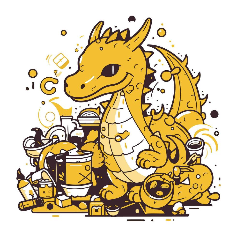 Vector illustration of cute cartoon dragon with a cup of coffee in his hand