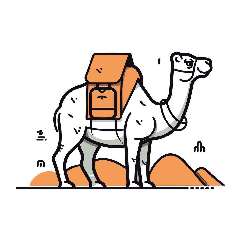 Camel in the desert. Vector illustration in flat line style.