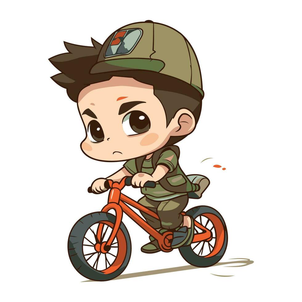 linda pequeño chico en un militar uniforme montando un bicicleta. vector ilustración.