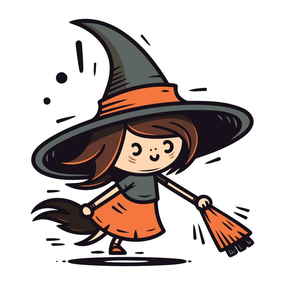 Cute little girl in witch costume with broom. Vector illustration.