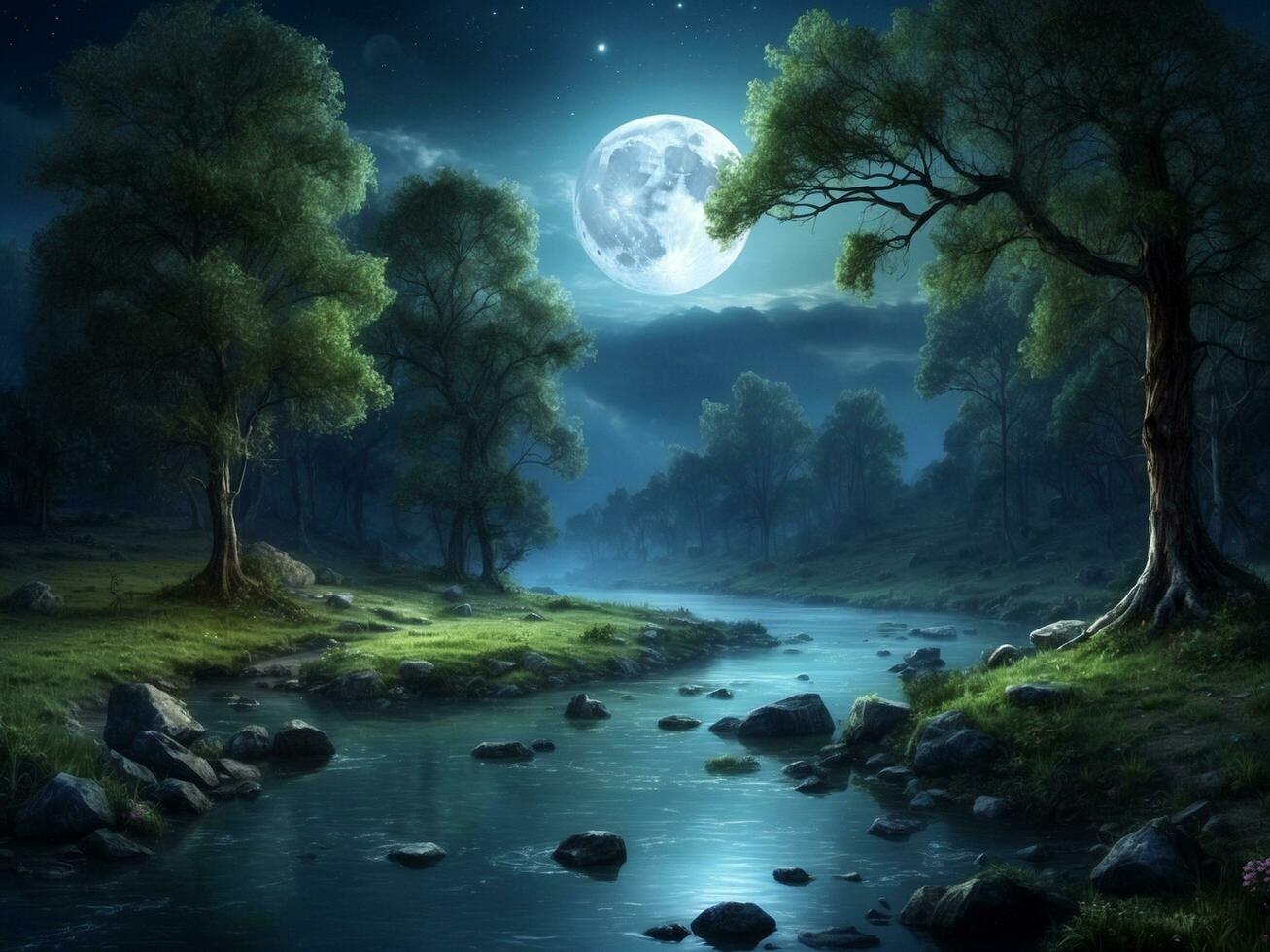 A riverside forest in moon light photo