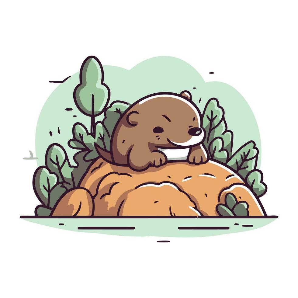 linda dibujos animados nutria en un rock en el bosque. vector ilustración.