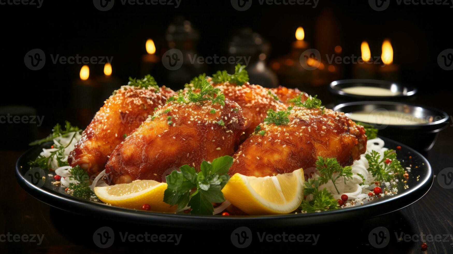 Close-up of fried cheese balls on a plate with candles in the background. AI Generated. photo