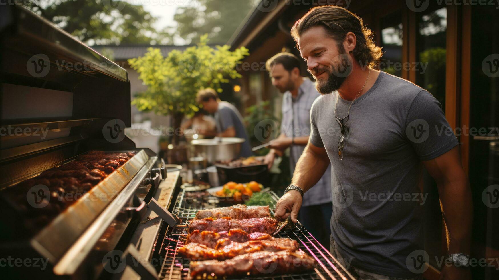 Group of friends having barbecue party outdoors. AI Generated. photo