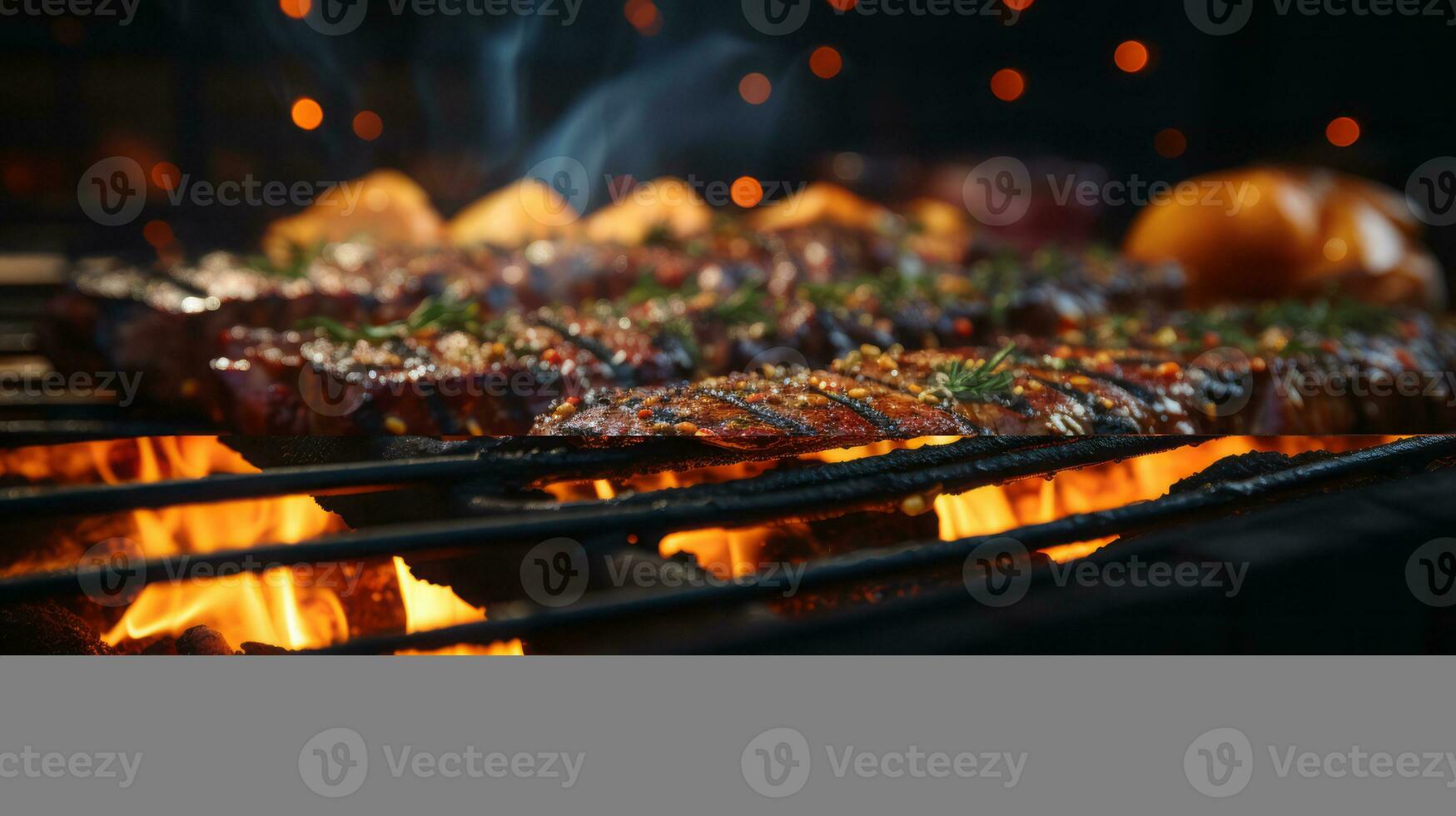 Grilled beef steaks with herbs and spices on a barbecue grill. AI Generated. photo