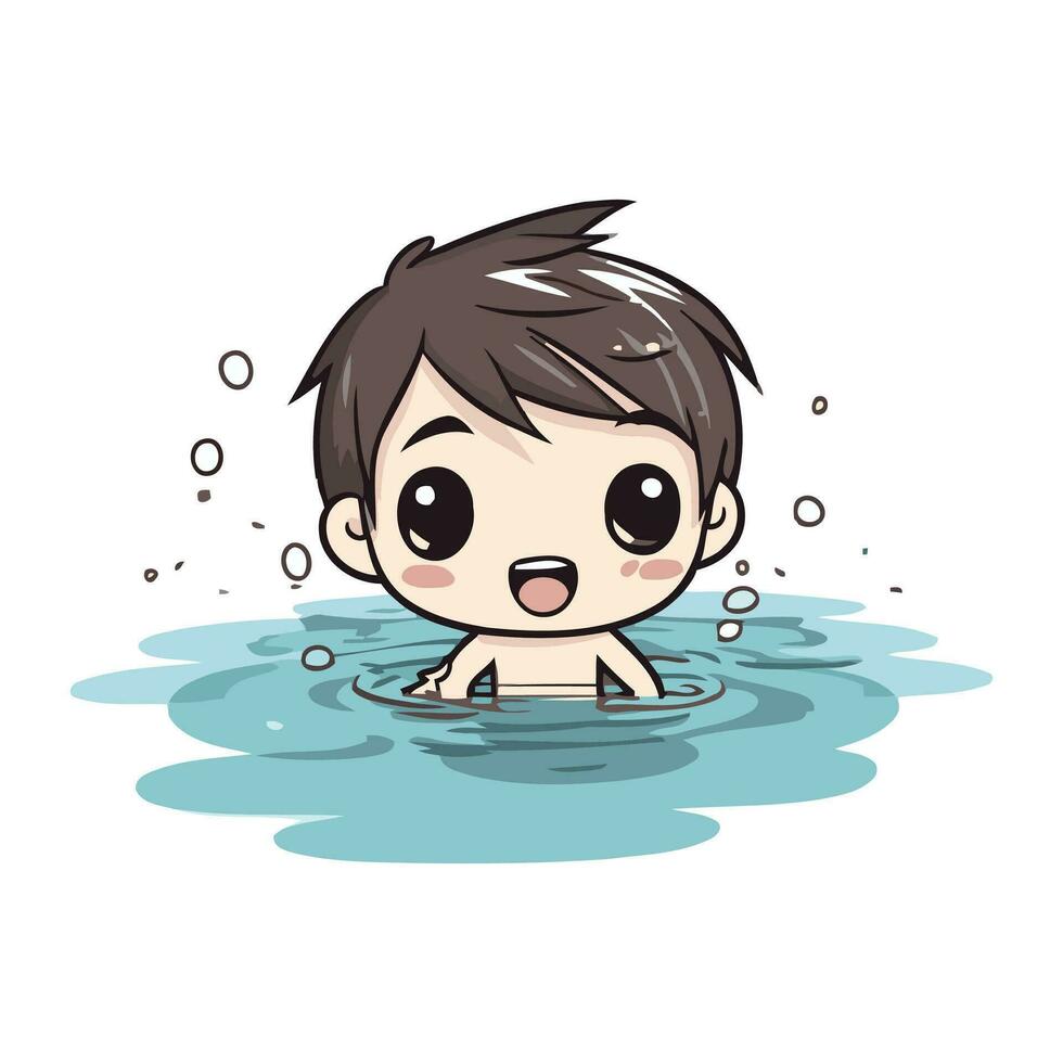 Cute little boy swimming in water cartoon vector illustration graphic design.