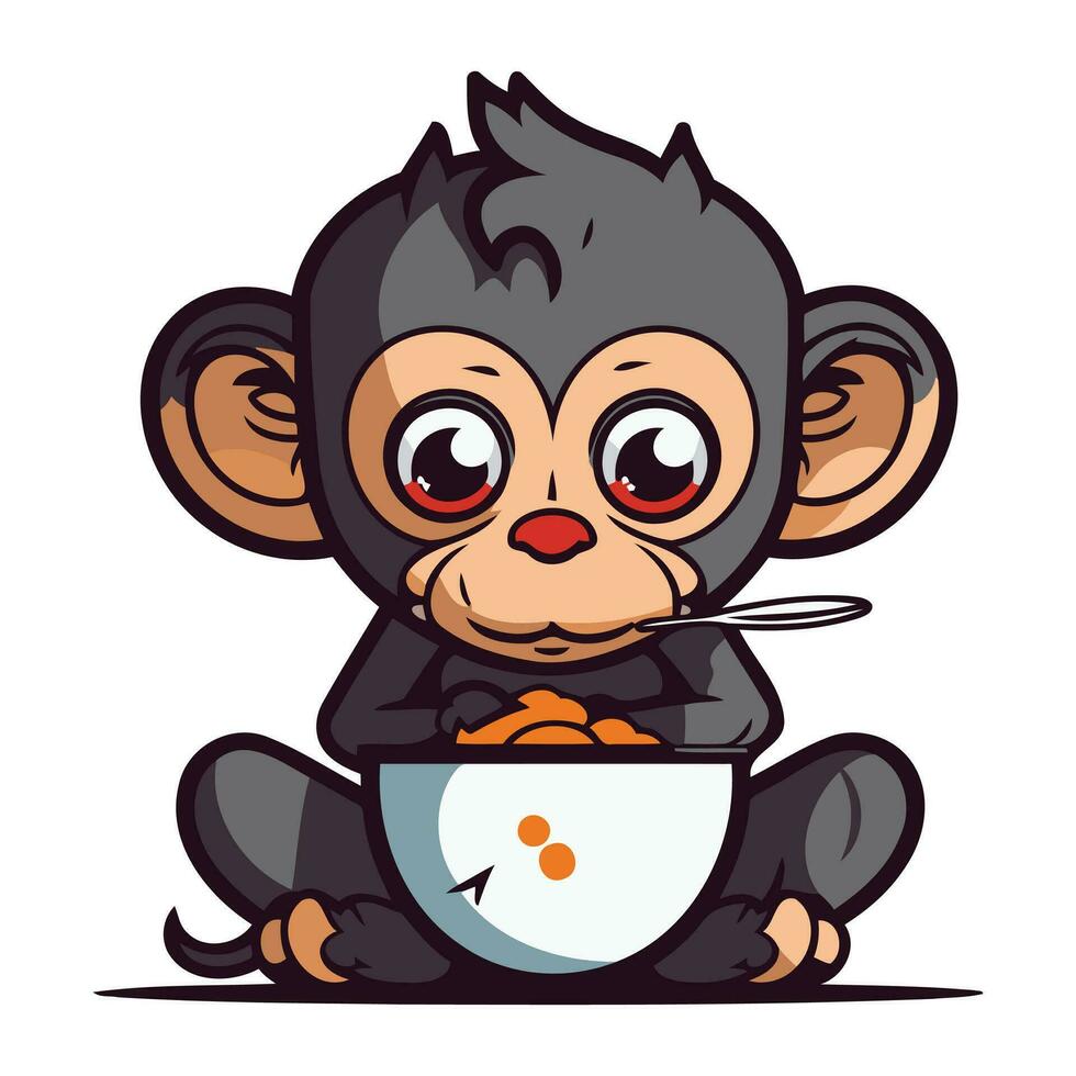 Monkey eating a bowl of cereals. cartoon vector illustration.