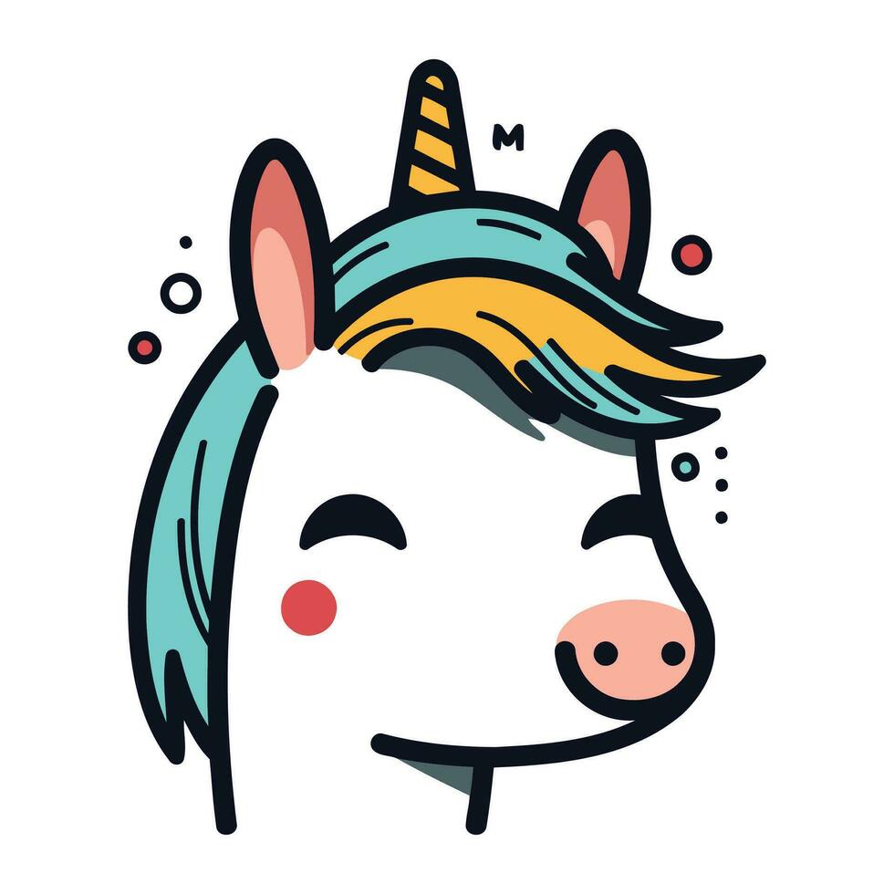 linda unicornio cabeza vector ilustración. dibujos animados garabatear estilo.