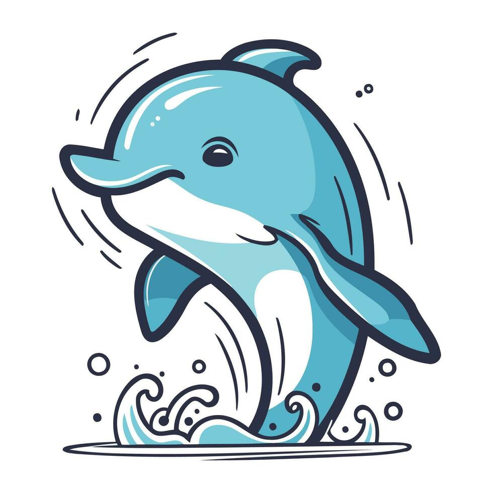 Cute cartoon dolphin jumping out of the water. Vector illustration.